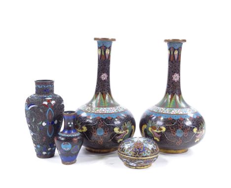 5 pieces of Oriental cloisonne enamel, vases height 19cm Pair of vases have very minor dents, lidded pot is perfect, two othe