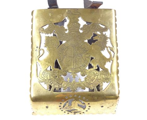 A pierced and engraved brass coach step, 18th/19th century, with wrought-iron brackets, Royal armorial crest and Isle of Man 