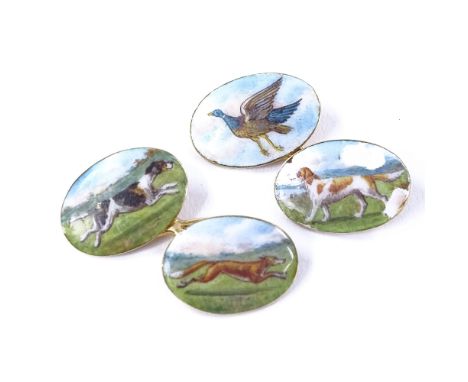 A pair of Victorian 18ct gold and enamel hunting cufflinks, depicting dogs and game, maker's marks GH, hallmarks London 1896,