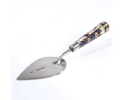 A Victorian small silver-bladed Crown Derby trowel, with hand painted and gilded porcelain handle, by Saunders &amp; Shepherd