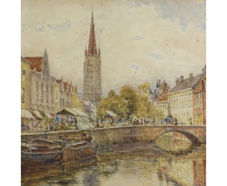 Arthur Bell (1897 - 1995), watercolour, Market Day Bruges, signed, 14" x 21", original artist's label verso, original gesso f