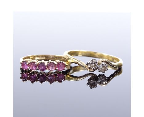 2 gold stone set rings, comprising 14ct 5-stone ruby and an unmarked 2-stone diamond ring, 4.7g total, (2) Ruby ring in fair 