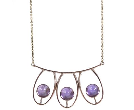 A Finnish 14ct gold 3-stone cabochon amethyst necklace, stylised openwork settings, maker's marks E, hallmarks Helsinki 1959,
