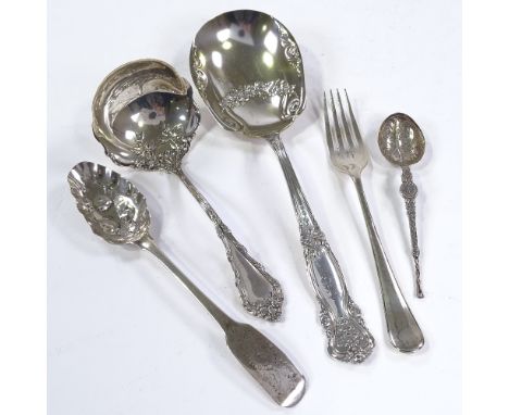 Various silver flatware, including an Art Nouveau American sterling Wallace berry spoon, a sterling Daniel Low sauce ladle, a