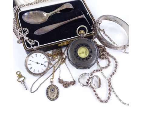 Various silver, including pocket watches, hinged bangle, chain necklaces etc Lot sold as seen unless specific item(s) request