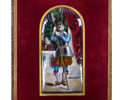 Theophile Soyer (1841 - 1915), 19th century painted enamel convex arch-top plaque, depicting an Italian man in armour, signed
