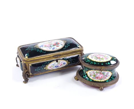 2 similar 19th century French brass and champleve enamel caskets, with hand painted floral enamel shaped panels, surrounded b