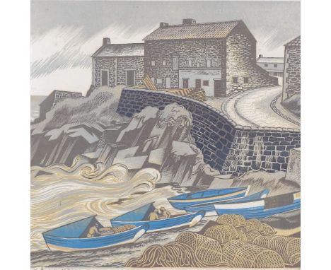 Clifford Webb, colour linocut print, Craster, Northumberland, signed in pencil, no. 8/30, image 16" x 22.5", framed Light fox