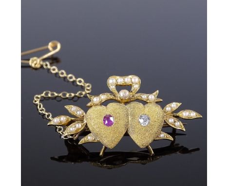 A Victorian 18ct gold ruby diamond and split-pearl double-heart brooch, with ribbon and leaf decoration and textured settings