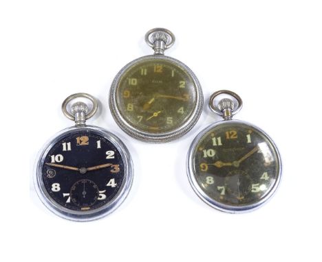 3 GSTP Military issue open-face top-wind pocket watches, including Jaeger LeCoultre and Elgin, black dials with Arabic numera