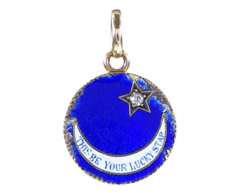 An Edwardian 15ct rose gold royal blue enamel and diamond lucky star locket pendant, engine turned guilloche enamel with diam