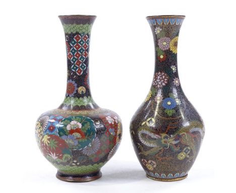 2 early 20th century Chinese cloisonne enamel vases, height 16cm Both vases have tiny enamel chips just under the rim