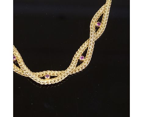 A Vintage 9ct gold pink sapphire woven collar necklace, maker's marks NK, necklace length 43.5cm, 17.5g Very good overall con