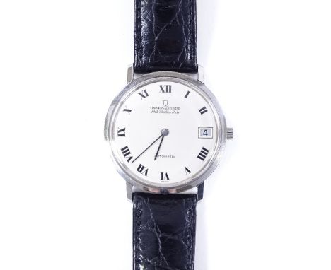 UNIVERSAL GENEVE - a stainless steel White Shadow Date automatic wristwatch, silvered dial with Roman numeral hour markers an