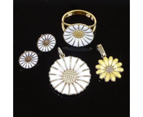 Various Danish vermeil sterling silver and enamel Daisy pattern jewellery, comprising Georg Jensen ring, Anton Michelsen whit