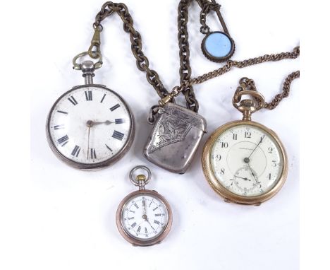 3 various pocket watches, including 19th century silver-cased, Tavannes gold plated watch, and 2 Alberts with silver Vesta Lo