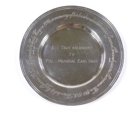 A Maple &amp; Co electroplate ashtray inscribed "Ashtray belonging to Field Marshall Earl Haig", presented to Major General S