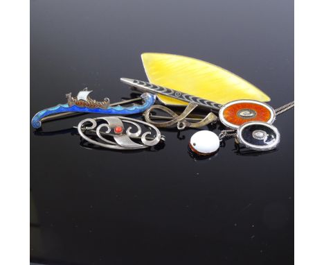 Various silver jewellery, including Anton Michelsen Danish sterling silver and yellow enamel brooch, an Aksel Holmsen black e