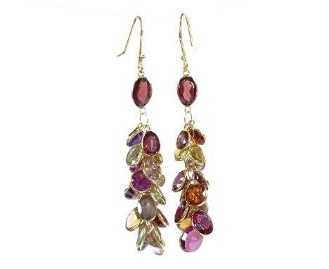 A pair of unmarked gold gem-set grape earrings, gems including amethyst, garnet, citrine and topaz, shepherd hook fittings, s