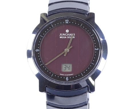 JUNGHANS - a black ceramic Mega Solar quartz wristwatch, solar panel dial with ceramic bezel and expanding strap, no. 018/150