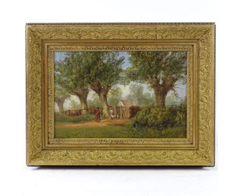 19th century oil on board, figures by a garden gate, unsigned, 10" x 14", framed Very good condition