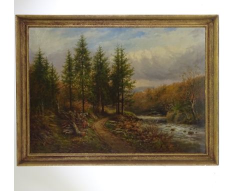 George Henry Jenkins, oil on canvas, timber workers in woodland, signed, 26" x 36", framed 2 small patch repairs, not relined