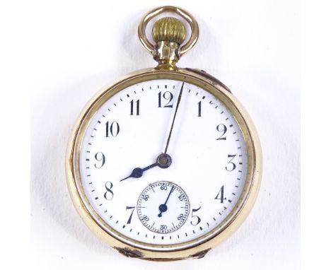 A Swiss 18ct gold open-face top-wind fob watch, white enamel dial with painted Arabic numerals and subsidiary seconds dial, s