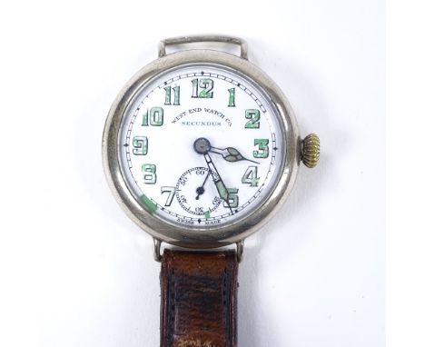 WEST END WATCH CO - a First War Period stainless steel military trench mechanical wristwatch, white enamel dial with green lu