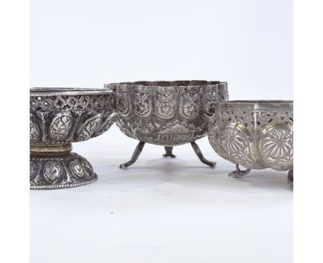 3 Indian unmarked silver bowls, with relief embossed and pierced decoration, largest diameter 9cm, 7.3oz total (3) All in ver