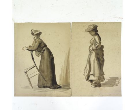Circle of Laura Knight, 2 sepia watercolours, studies of a model, unsigned, largest 13" x 10", unframed Light foxing, no tear