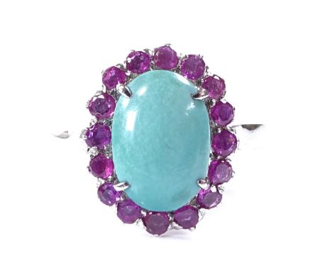 An unmarked white metal turquoise and ruby cluster ring, setting height 16.6mm, size N, 4.5g Very good original condition, al
