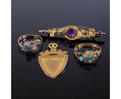 Various gold jewellery, including 15ct turquoise and pearl ring (A/F), 15ct amethyst and pearl brooch, etc, 12.1g total, (4) 