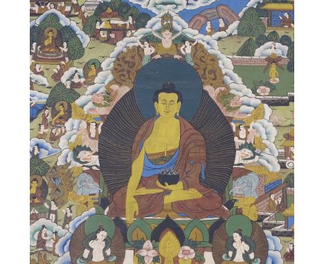 An Oriental watercolour thangka on linen, depicting a seated Buddha, in green silk surround with fine silk protective screen 