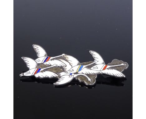 An Erik Magnussen Danish sterling silver and enamel flying geese and cloud brooch, brooch length 60.7mm, 10.9g Brooch in very