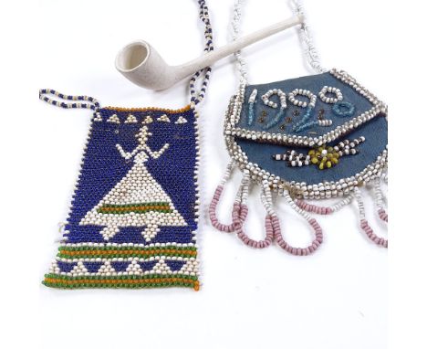 A Native American beadwork purse dated 1928, a Native American beadwork necklace with figure decorated panel, panel height 10