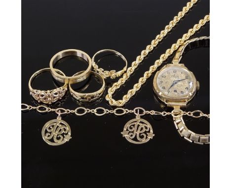 Various 9ct gold jewellery, including rope twist necklace, rings etc, 15.1g weighable (7) All in good original condition, no 