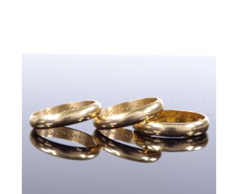 3 x 18ct gold wedding band rings, sizes O, P and R, largest band width 3.9mm, 12.1g total, (3) All in very good original cond