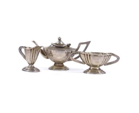 A George V miniature 3-piece silver teaset, comprising teapot, sugar bowl and cream jug, by Levi &amp; Salaman, hallmarks Bir