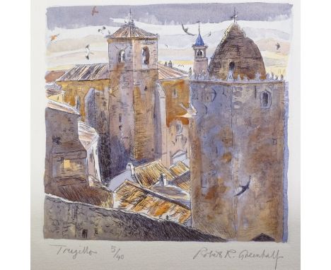 Robert Greenhalf, print, Trujillo, signed in pencil, image 9" x 9", and a watercolour, Sussex beach scene, by the same hand, 