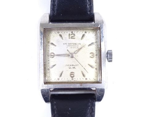 WINEGARTENS - a Vintage stainless steel mechanical wristwatch, square silvered dial with quarterly Arabic numerals, 17 jewel 