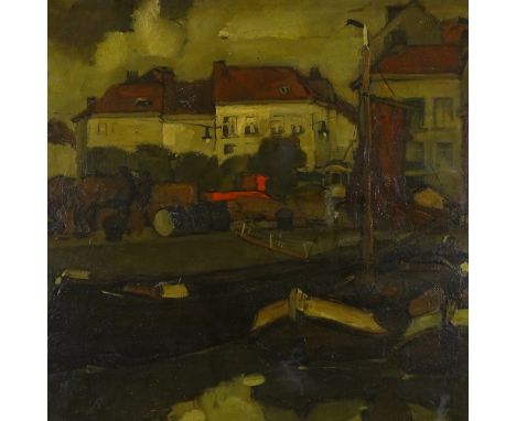 19th/20th century Dutch School, large oil on canvas, canal scene, indistinctly signed, 35" x 39", framed One patch repair, ge