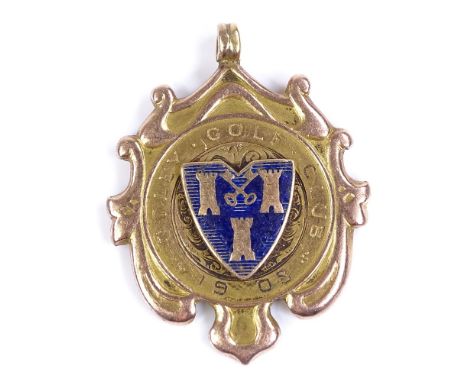 An Edwardian 15ct rose gold competition medal, from Otley Golf Club 1908, with blue enamel decoration, maker's marks F and S,