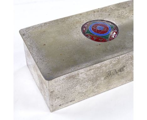 A Scottish Arts and Crafts electroplate cigarette box with enamel inset lid, by Davis &amp; Sons of Glasgow, circa 1910, leng