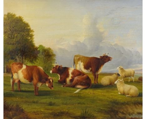 L Davis, oil on canvas, cattle and sheep in pasture, early 20th century, signed, 20" x 30", framed Two patch repairs, paint c