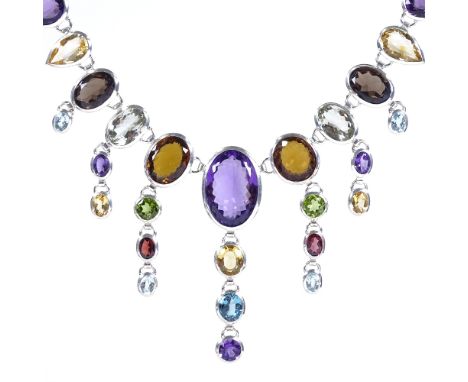 A new sterling silver graduated gem-set collar necklace with graduated drops, gems include amethyst citrine smoky quartz etc,