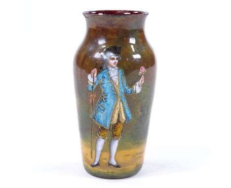 A French Limoges enamel on copper cabinet vase, hand painted design of gentleman holding a rose, signed A Leo, height 10cm Se
