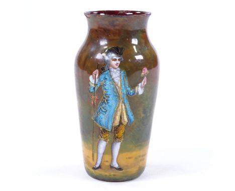 A French Limoges enamel on copper cabinet vase, hand painted design of gentleman holding a rose, signed A Leo, height 10cm Se