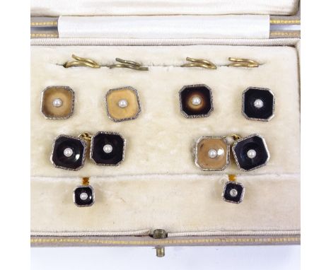 A 9ct gold onyx and split pearl dress set, 18ct white gold topped, comprising 4 buttons, pair of cufflinks and a pair of stud