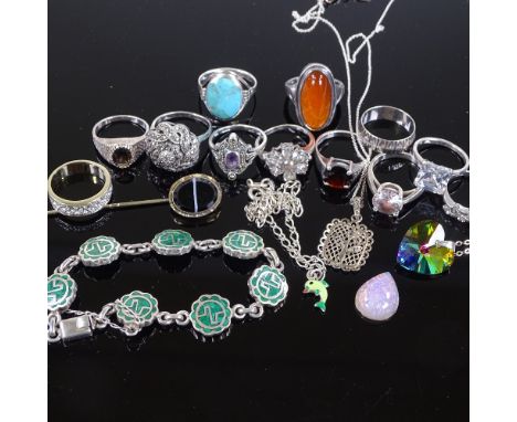 Various silver and stone set jewellery, including Mexican sterling malachite bracelet, unmarked banded agate stick pin, etc, 