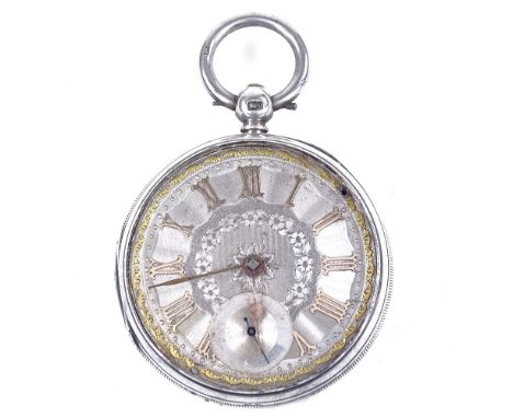 A 19th century silver cased open-face key-wind pocket watch, silvered floral dial with applied gold Roman numerals, subsidiar